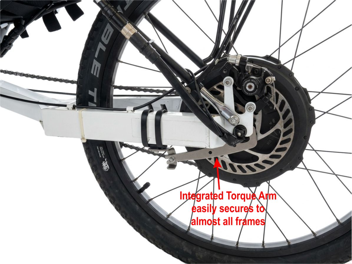 Grin All-Axle Rear Motor adapts to nearly all dropout types. Note integrated torque arm that works in both directions for reverse and regen.