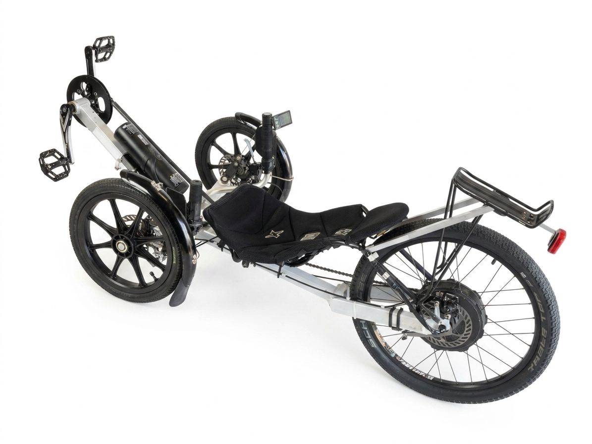 Grin All-Axle rear motor conversion. Example shown is on an older KMX trike equipped with a 36V Bottle Battery.