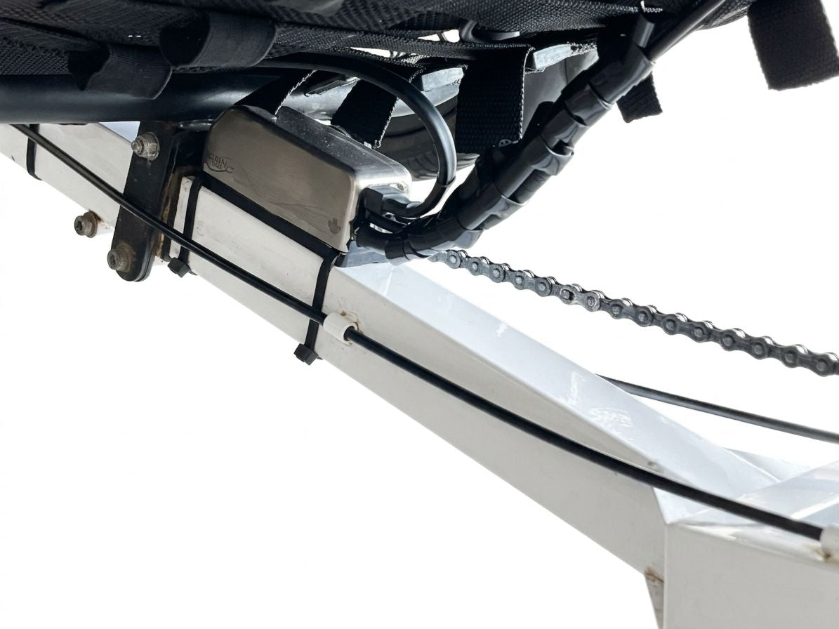 Phaserunner tidily tucked under seat. Baserunners can be mounted inside the bottom of all our Downtube Batteries.